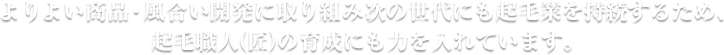 よりよい商品･風合い開発に取り組み次の世代にも起毛業を持続するため、起毛職人(匠)の育成にも力を入れています。